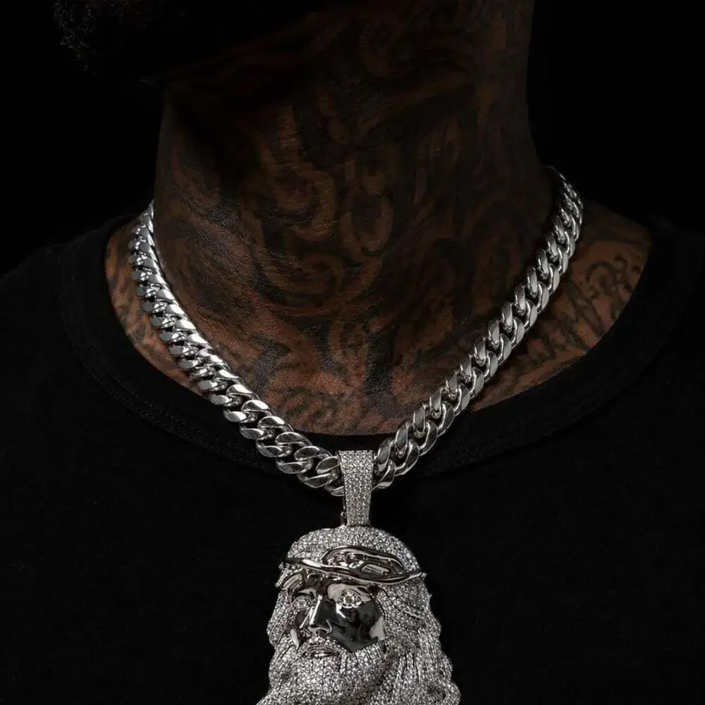 Silver Iced Out Jesus Pendant With Cuban Link 20inch